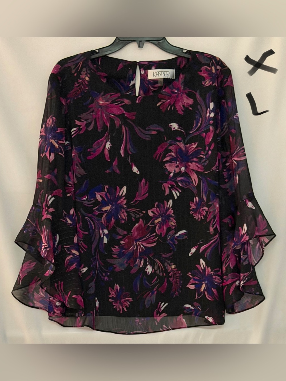 Kasper Black Floral Blouse with Pink & Purple Flowers